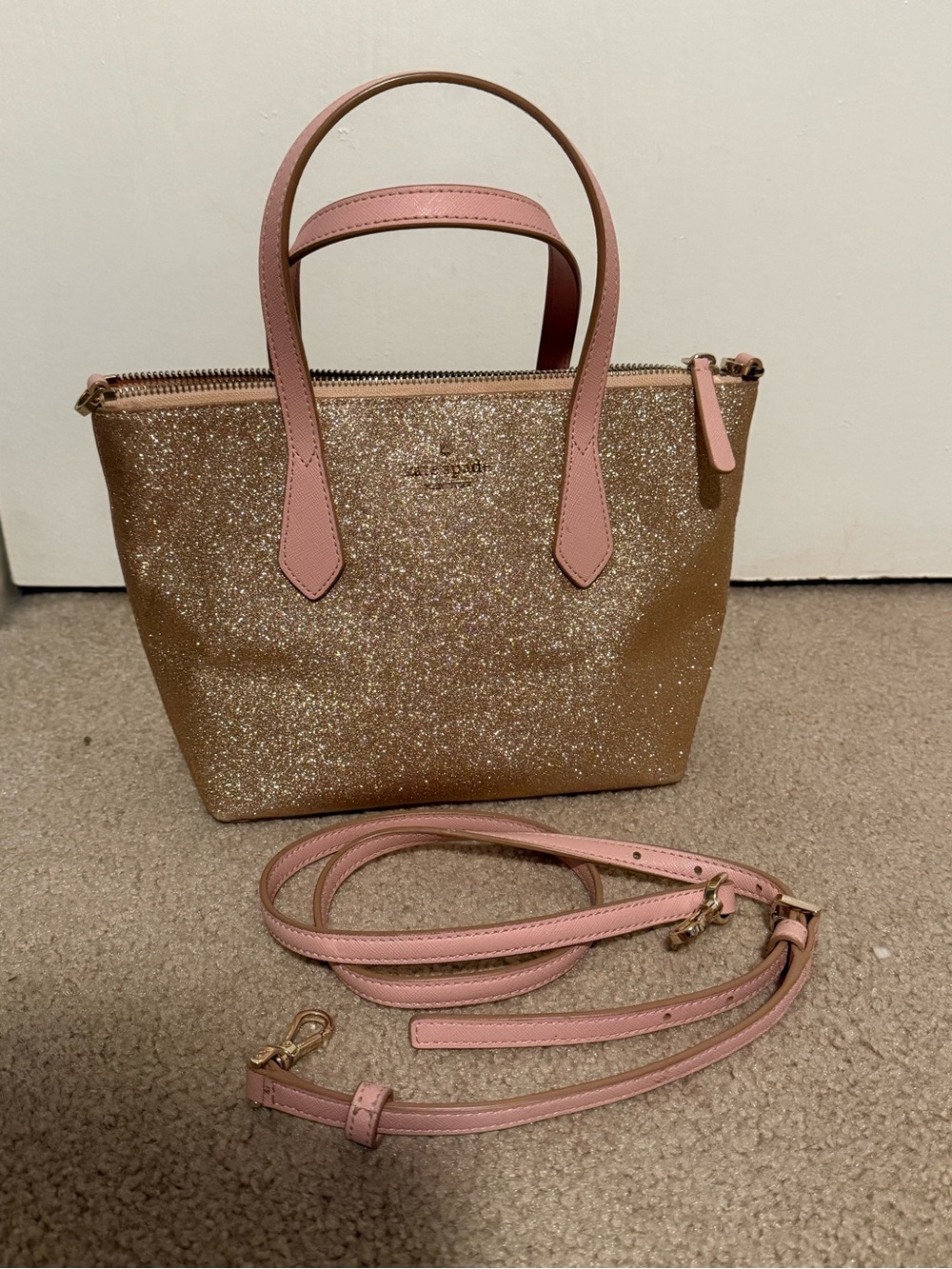 kate spade Gold Glitter Crossbody Tote with Pink Trim